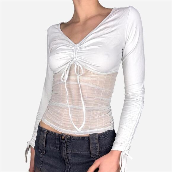 Y2k mesh long sleeve top party runched - fits like size XS - blanc nature - Picture 1 of 8